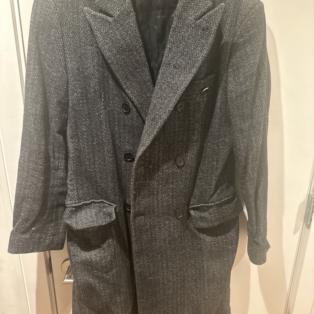 ZARA Men’s Herringbone Wool Blend Coat Size M Gray Double Breasted Overcoat